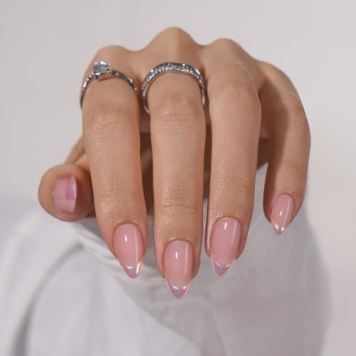 BTArtbox French Tip Press On Nails Almond - Press on Nails Short with Metallic Chrome Silver Finish, Supremely Fit & Natural Glue On Nails in 16 Sizes, Dazzling Pink