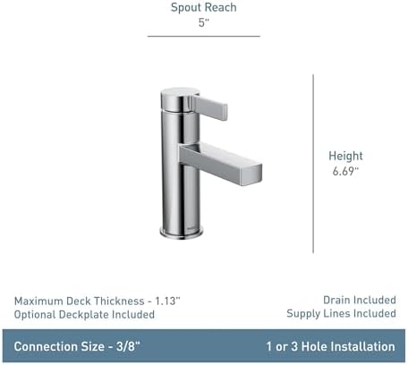 Moen Beric Chrome Modern One-Handle Single Hole Bathroom Faucet with Drain Assembly and Optional Deckplate for your Bath Sink, 84774
