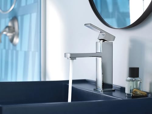 Moen Revyl Chrome One-Handle Single Hole Modern Bathroom Sink Faucet with Optional Deckplate and Spring Loaded Drain Assembly, 84771