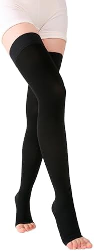 TOFLY® Thigh High Compression Socks for Women & Men (Pair), Open Toe, Opaque, Firm Support 30-40mmHg Graduated Compression Hose, Medical Compression Stockings for Varicose Veins, Edema, DVT, Black 4XL