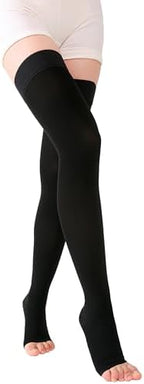 TOFLY® Thigh High Compression Socks for Women & Men (Pair), Open Toe, Opaque, Firm Support 30-40mmHg Graduated Compression Hose, Medical Compression Stockings for Varicose Veins, Edema, DVT, Black 4XL