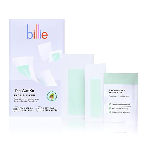 Billie Wax Kit - Face & Bikini - 32 Strips, Post-Wax Serum Wipes & Women's Shaving Essentials - 5-Blade Razors, Refills, Magnetic Holder