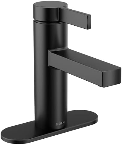 Moen Beric Matte Black Modern One-Handle Single Hole Bathroom Faucet with Drain Assembly and Optional Deckplate for Your Bath Sink, 84774BL