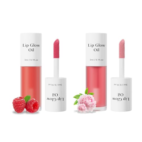 Hydrating Lip Glow Oil - 2PCS Tinted Moisturizing Lip Gloss Plumping Long-Lasting Shiny Fruit Flavor Lip Stain, 0.10 Fl Oz (Raspberry&Peony)