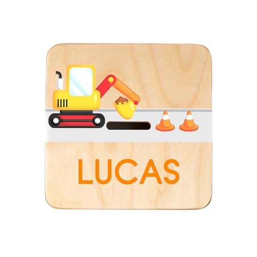 Wooden Piggy Bank for Kids and Adults, Personalized Gift Handmade in USA by BloomOwl, Custom Piggy Bank, Personalized Banks for Kids, Gifts for Baby Boys and Girls (Construction)