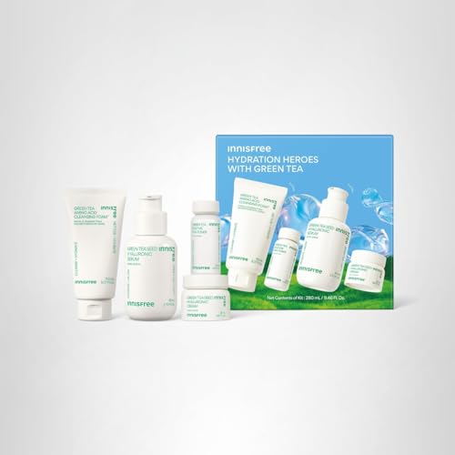 innisfree Hydration Heroes Set with Green Tea, Korean Skincare Kit Featuring Moisturizing Serum, Toner, Cleanser & Cream