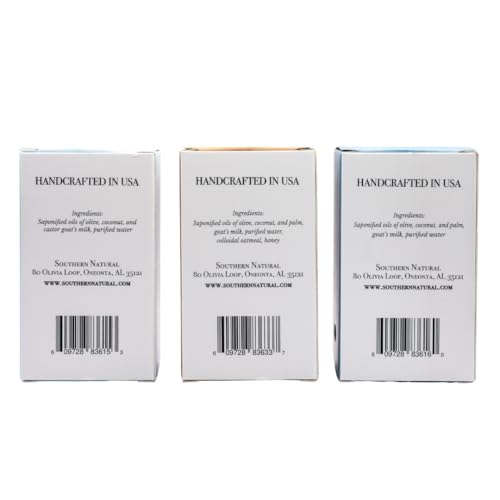 Southern Natural Goat Milk Soap Bar (Unscented Variety 3 Pack - Oatmeal & Honey/Castile/Unscented) For Dry, Sensitive Skin. Face and Body Soap For Men, Women, Kids and Baby. (Each Bar 4-4.5 oz)
