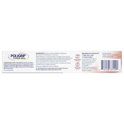 Poligrip Power Max Power Hold Plus Seal Denture Adhesive Cream for Secure Hold and Food Sealing, Flavourless - 2.2 oz (62.3 g) (Pack of 4)