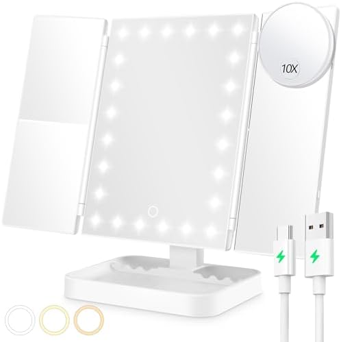 Wireless Rechargeable Lighted Makeup Mirror with 3 Color Lighting, 2000mAh Rechargeable Battery, 10x 3X 2X Magnification Mirror, 24 LED Mirror, 360 Degree Rotation, Gift for Woman (White)