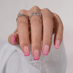 BTArtbox French Tip Press On Nails - Trendy Short Square Fake Nails with Metallic Chrome Pink Color, Reusable Glue On Nails in 16 Sizes for Christmas Gift, Metallic Petal