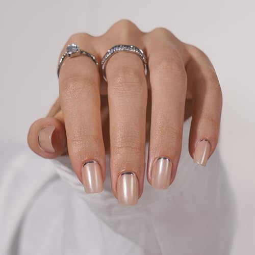 BTArtbox Press On Nails Short Square - Fall Fake Nails with Silver Foil Design, Supremely Fit & Glossy Glue On Nails in 15 Sizes, The Pale Moonshine