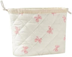 Cotton Quilted Drawstring Makeup Bag with Canvas Lining,Coquette Aesthetic Cute Travel Toiletry Bag,Drawstring Gift Bag for Women and Girls（09Little Pink Bow）