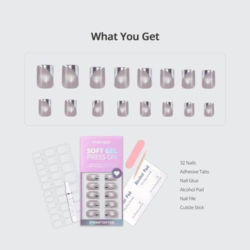 BTArtbox French Tip Press On Nails - Metallic French Tip Cat Eye Short Square Press On Nails with Glue for Women, Opaque Soft Gel Glue On Nails in 16 Sizes - 32 Stick On Nails Kit, Gleaming