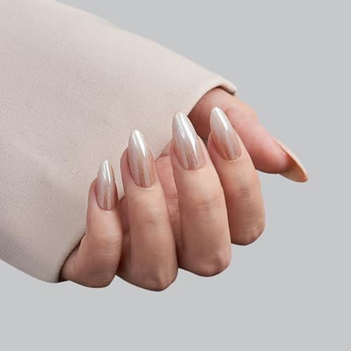 BTArtbox Press On Nails Medium Almond - Soft Gel Ombre Fake Nails with Glitters, French Tip Nails Reusable Glue On Nails Fake Nails Kit 15 Sizes, Glittering Champagne