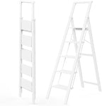 WOA WOA 5 Step Ladder, Ladders for Home, Anti-Slip Pedals, Aluminum Step Stool Foldable, Lightweight to Move, Ease of Storage, Reach 10ft for Closet Kitchen Library, Hold 300lbs - White