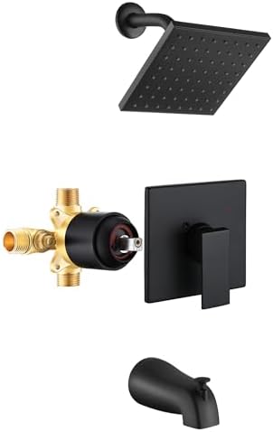 Esnbia Tub Shower Faucet Set (Valve Included) with 6-Inch Rain Shower Head and Tub Spout, Black Shower Head and Handle Set，Single-Handle Tub and Shower Trim Kit, Matte Black