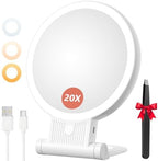 1X/20X Magnifying Mirror with Light, Double Sided Makeup Mirror with Adjustable Folding Handle, 2000mAh Rechargeable Vanity Mirror with Tweezer, Portable Tabletop Mirror for Travel Home