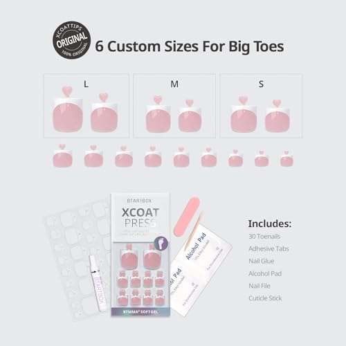 BTArtbox Press On Toenails - Lamp-Curable Real Square Toe Nail Press Ons with Glue for Women, Semi-Transparent French Tip Fake Toe Nail Tips in 15 Sizes - 30 Toenails Kit, Ma'am