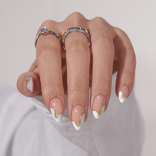 BTArtbox Press On Nails Almond - Designed White French Tip Press On Nails Short with Gold Foil, Glue On Nails for Winter Day Gifts, Stick On Nails in 16 Sizes - 30 Nail Kit, Tiny Gloden