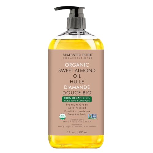 Majestic Pure USDA Organic Sweet Almond Oil | 100% Pure & Natural Cold Pressed Oil Sweet Almond Oil for Skin, Face, Nails, Hair, Scalp & Massage | 8fl oz