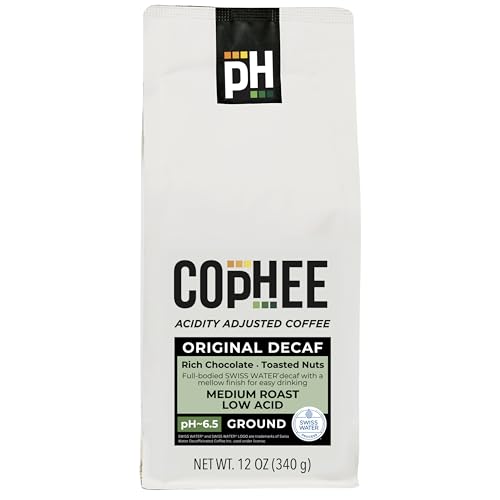 Low Acid Coffee - Decaf - Ground Medium Roast - Smooth Non-GMO Arabica Coffee - Electrolyte Infused for Sensitive Stomachs, Acid Reflux, and Heartburn ~pH 6.5-12 oz Original Decaf by COpHEE