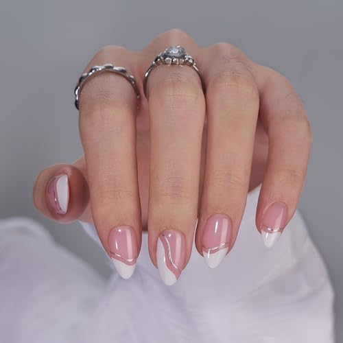 BTArtbox Press On Nails Almond - Swirl French Tip Press On Nails Short for Gifts, Nail Tips, Pink Fake Nail with Glue, Glue On Nails in 16 Sizes - 30 Nail Kit, Tiny Silver