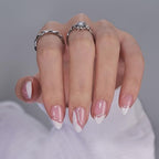 BTArtbox Press On Nails Almond - Swirl French Tip Press On Nails Short for Gifts, Nail Tips, Pink Fake Nail with Glue, Glue On Nails in 16 Sizes - 30 Nail Kit, Tiny Silver