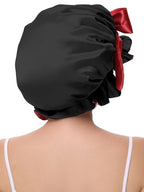 Hair Bonnet for Sleeping, Satin Silk Shower Cap Women 2025 with Tie Band and Adjustable Straps Head Wrap for Curly Hair Black F