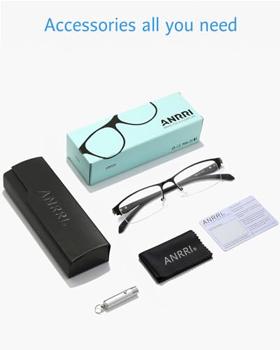 ANRRI Blue Light Glasses for Men Semi Rimless Rectangle Black Metal Frame UV Blocking Computer Glasses