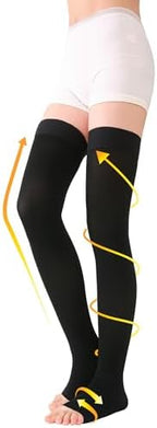 TOFLY® Thigh High Compression Socks for Women & Men (Pair), Open Toe, Opaque, Firm Support 30-40mmHg Graduated Compression Hose, Medical Compression Stockings for Varicose Veins, Edema, DVT, Black 4XL