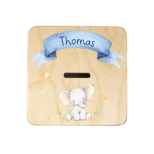 Wooden Piggy Bank for Kids and Adults, Personalized Gift Handmade in USA by BloomOwl, Custom Piggy Bank, Personalized Banks for Kids, Gifts for Baby Boys and Girls (Elephant- Blue)