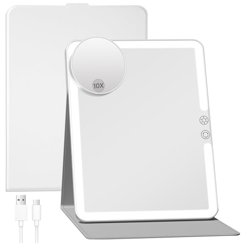 FUNTOUCH 2500mAh Large Rechargeable Travel Makeup Mirror with Light, Portable Makeup Mirror with 10X Magnifying Mirror, 3 Lighting Modes, Tabletop Folding Travel Mirror with PU Leather Cover (White)