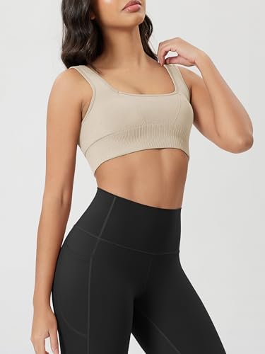 ODODOS Seamless Square Neck Sports Bra for Women Ribbed Crop Tank Casual Low Back Cropped Tops