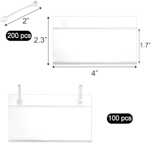 Elsjoy 100 Pack Plastic Wire Shelf Label Holders, 4" x 2.3" Clear Price Tag Holder Sign & Ticket Holder with Double Snap Lock Closure, Reusable Basket Label Holders for Market, Retail Shop, Pantry