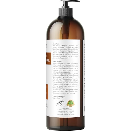 velona Pumpkin Seed Oil USDA Certified Organic - 32 fl oz | 100% Pure and Natural Carrier Oil | Unrefined, Cold Pressed | Cooking, Face, Hair, Body & Skin Care | Use Today - Enjoy Result