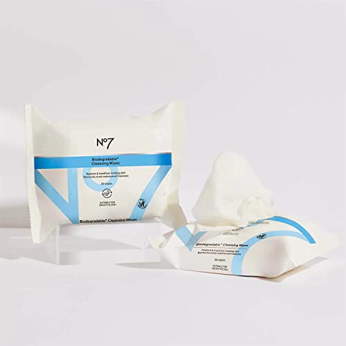 No7 Biodegradable Cleansing Wipes - Waterproof Mascara & Makeup Remover Wipes - Vitamin B5 + Witch Hazel & Fennel Extract Facial Cleansing Wipes for Revitalized Radiant Skin (Dual Pack, 60 Wipes)
