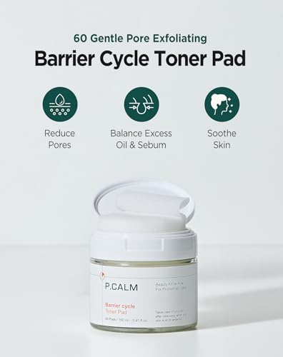 P.CALM Barrier Cycle Toner Pad – 60 Pads with Centella Asiatica & Papaya Extract for Soothing, Moisturizing & Exfoliating, Korean Vegan Facial Toners Pads for Sensitive Skin (160ml / 5.41 fl.oz)