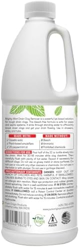 Mighty Mint Drain Clog Remover, Safe for Pipes and Septic, Dissolves Hair & Grease, Clears Blocked Drains and Deodorizes, Natural Mint Scent, 32oz