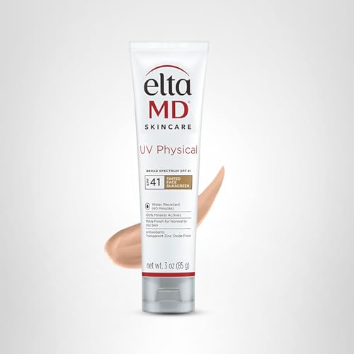 EltaMD UV Physical Tinted Mineral Sunscreen for Face SPF 41, 100% Mineral Actives Tinted Face Lotion, Water Resistant, Paraben-Free, Transparent Zinc Oxide Finish, Facial Travel Size Sunscreen 3 oz