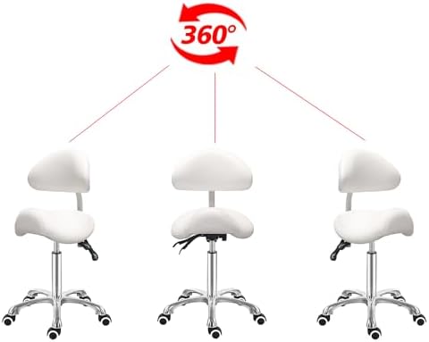 Antlu Saddle Stool Chair with Back Ergonomic Rolling Esthetician Seat for Salon Tattoo Shop Spa Dentist Clinic (Adjustable Backrest, White)