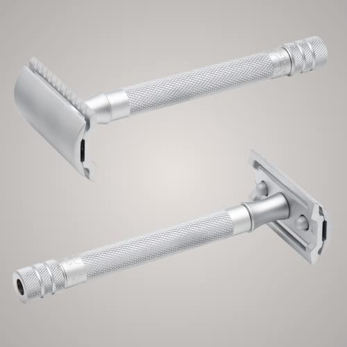 MERKUR Safety Razor 22C Matte Chrome Satin Finish Three-Piece Razor with Straight Cut Closed Comb Ideal for Wet Shaving Die-Cast Zinc Brass Handle Made in Germany