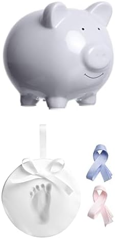 Bundle of Pearhead Ceramic Piggy Bank, Solid Gray + Pearhead Baby Handprint or Footprint Kit