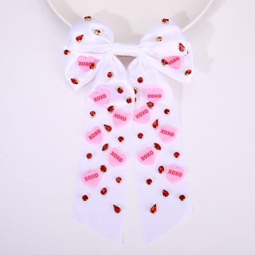 Boderier Valentines Day Hair Bows for Women Girls Conversation Candy Heart Hair Bow Clips Jeweled XOXO Hair Bows Valentines Day Gifts for Her White XOXO Heart