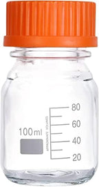Lab Media Storage Round Bottles Graduated Glass Container GL45 Screw Cap Leakproof Multi-Purpose for Scientific | pack of 20 (Orange,100ml)