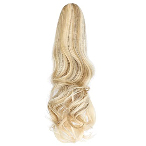 FELENDY Ponytail Extension Claw 18" 20" Curly Wavy Straight Clip in Hairpiece One Piece A Jaw Long Pony Tails for Women Ash Blonde Mix Light Bleach Blonde