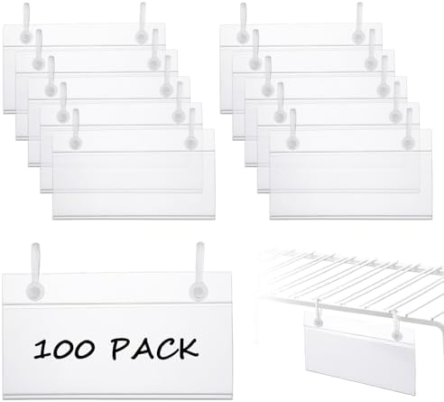 Acrux7 100 PCS Plastic Wire Shelf Label Holders 4" x 2.2" Basket Label Clips with Double Snap Lock Closure, Clear Wire Rack Label Holder Price Tag Holder for Market, Retail Shop, Pantry