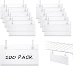 Acrux7 100 PCS Plastic Wire Shelf Label Holders 4" x 2.2" Basket Label Clips with Double Snap Lock Closure, Clear Wire Rack Label Holder Price Tag Holder for Market, Retail Shop, Pantry