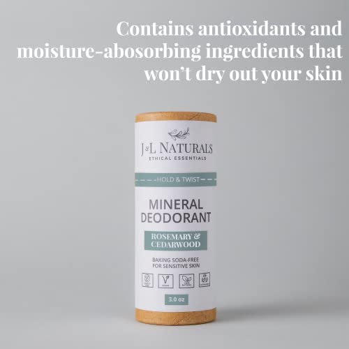 J&L Naturals Mineral Deodorant | Baking Soda-Free, 100% Natural, Sustainable | Sensitive Deodorant For Women & Men | Aluminum Free, Vegan, Cruelty-Free (Rosemary & Cedarwood, 3 Oz (Pack of 1))