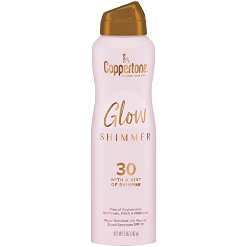 Coppertone Glow Shimmer Sunscreen Spray SPF 30, Water Resistant Broad Spectrum SPF 30 Spray Sunscreen, Free From Parabens, PABA, Phthalates, Octinoxate and Oxybenzone, 5 Oz Bottle, Pack of 2