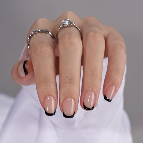French Tip Press On Nails - BTArtbox Jelly Square Fake Nails with Nail Glue, Reusable Semi-Transparent Stick On Nails in 15 Sizes - 30PCS Soft Gel Glue On Nails Kit, Classic Black
